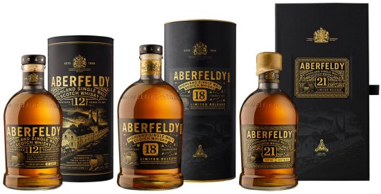 Aberfeldy Scotch single malt whisky range.