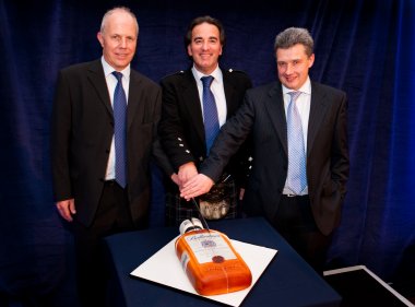 Global Brand Director Peter Moore; International Brand Ambassador, Ken Lindsay and Master Blender Sandy Hyslop, cut the Ballantine’s Finest birthday cake
