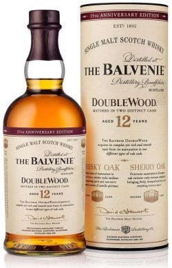 The Balvenie DoubleWood 12 Year Old with 25th Anniversary Edition packaging.