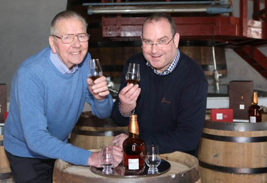 Distillery Manager, Keith Cruickshank and Tom Anderson raise a glass of the Benromach 1976