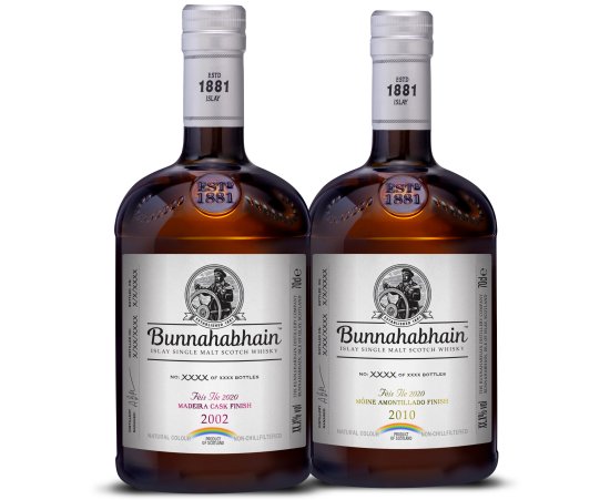 Bunnahabhain Feis Ile 2020 bottlings - Bunnahabhain 2010 Moine Amontillado Finish and Bunnahabhain 2002 Madeira Finish.