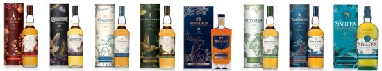 Diageo Special Releases 2020: Cardhu 11 Year Old, Cragganmore 20 Year Old, Dalwhinnie 30 Year Old, Lagavulin 12 Year Old, Mortlach 21 Year Old, Pittyvaich 30 Year Old, Talisker 8 Year O, The Singleton of Dufftown 17 Year Old.