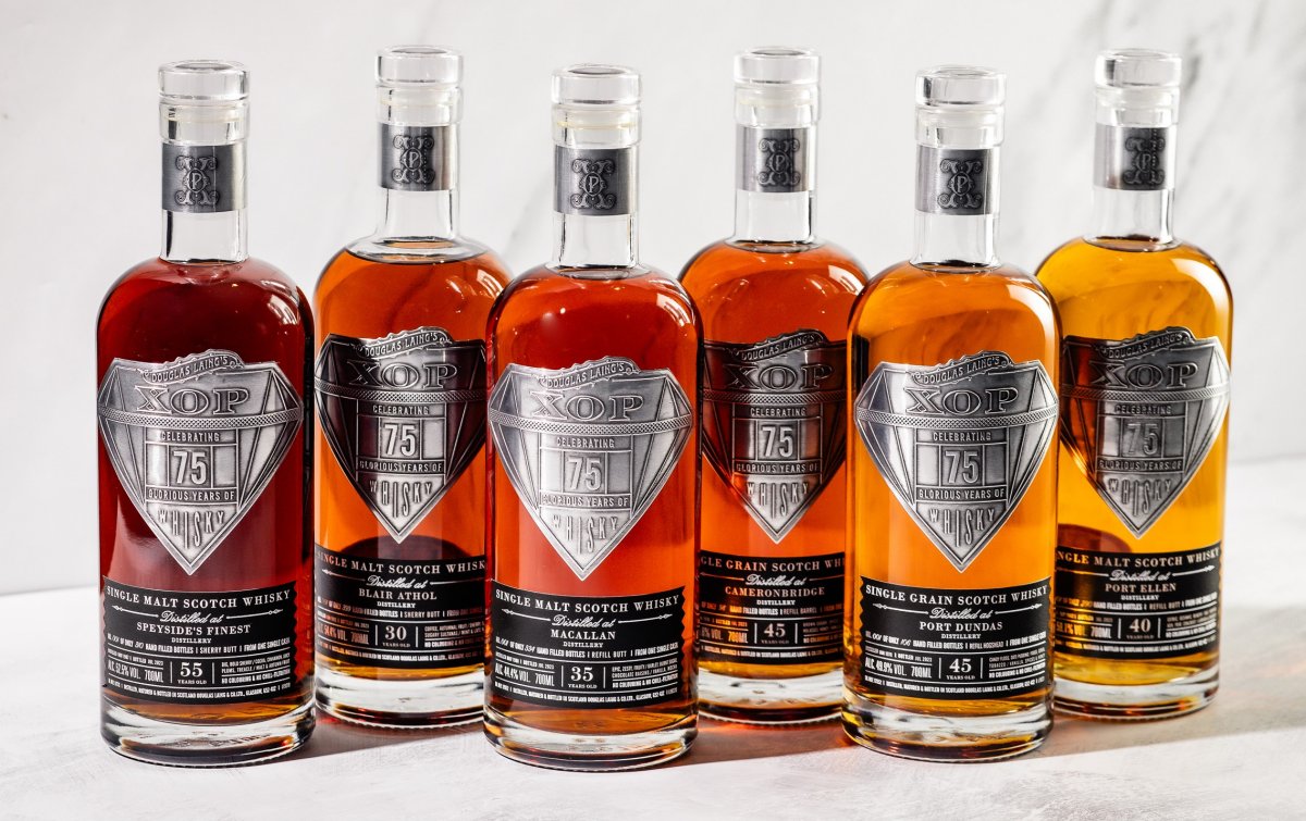 Douglas Laing 75th Diamond Anniversay Singla Cask XOP Whiskies - Speyside's Finest 55 year old, Port Dundas 45 year old, Macallan 35 year old, Blair Athol 30 year old, Cameronbridge 45 year old, and Port Ellen 40 year old Douglas Laing 75th Diamond Anniversay Singla Cask XOP Whiskies - Speyside's Finest 55 year old, Port Dundas 45 year old, Macallan 35 year old, Blair Athol 30 year old, Cameronbridge 45 year old, and Port Ellen 40 year old