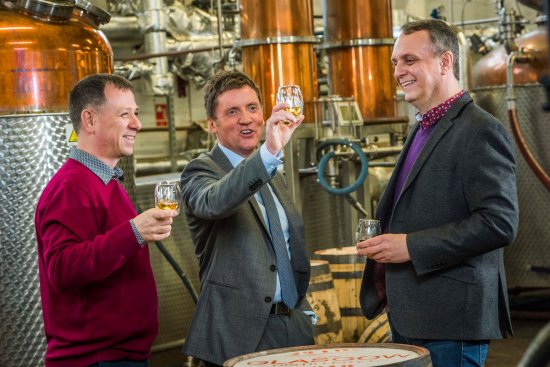 (L-R) Liam Hughes Ian McDougall and Mike Hayward co-founders of The Glasgow Distillery Company raise a dram to toast 1770 their first whisky release.