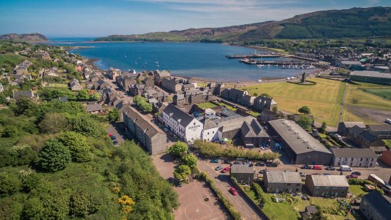 Aerial view of the Glen Scotia distillery in Campbeltown, location for the Navigate The Blood - NOISE Opera.