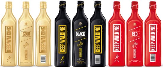 New look limited edition packaging Johnnie Walker Gold Label, Black Label 12 Year Old and Red Label Scotch blended whiskies. New look limited edition packaging Johnnie Walker Gold Label, Black Label 12 Year Old and Red Label Scotch blended whiskies.