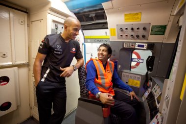 Lewis Hamilton gets a lesson in Tube driving as he launched Diageo’s sponsorship of free travel on London Tubes, buses, trams and some trains this New Year’s Eve.