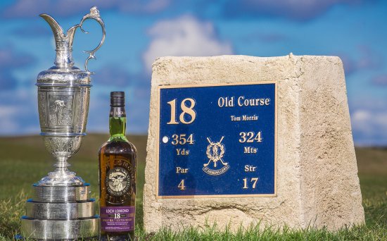 The Claret Jug and the Loch Lomond 18 Year Old Single Malt Scotch Whisky, photographed at the 18th tee at St Andrews.