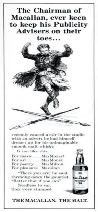 The Macallan Chairman as a Scotsman dancing the Highland fling advert.