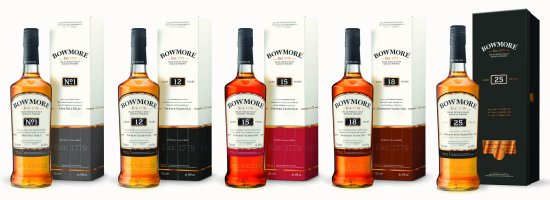 Bowmore whisky range - Bowmore No.1, 12, 15, 18 and 25 year old.