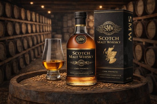 Scotch Malt Whisky bottle and glass in warehouse Scotch Malt Whisky bottle and glass in warehouse
