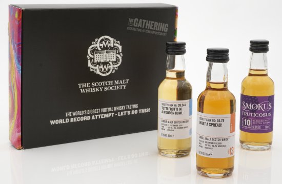 The SMWS Guinness World Record attempt tasting pack with The SMWS Cask No. 55.78, aptly named "What a Spread!", he SMWS Cask No. 39.244 "Tutti Frutti in a Wooden Bowl," and Batch 15 "Smokus Fruticosus,".